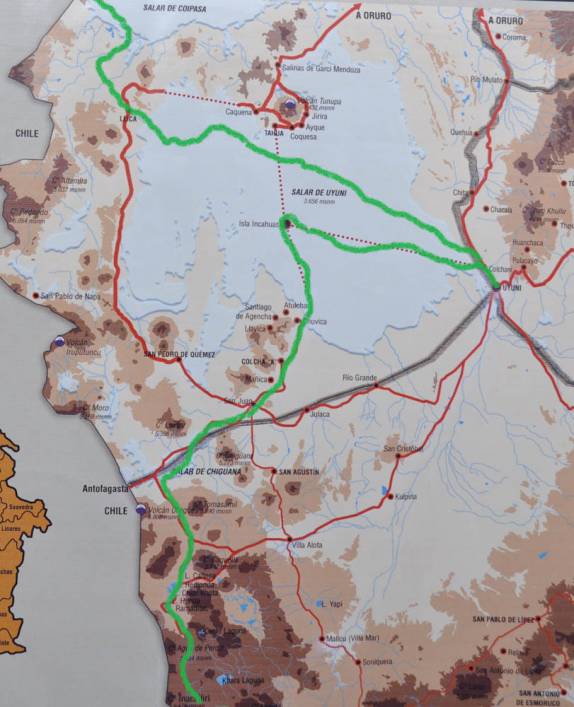 Em verde a nossa rota desde a Laguna Colorada até as travessias pelo Salar de Uyuni